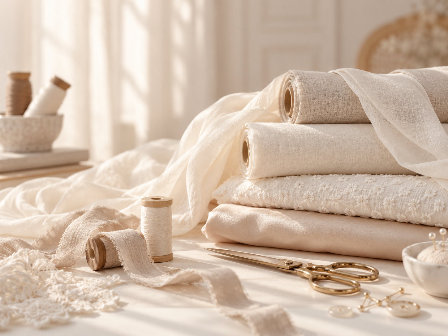 Sélection de tissus et accessoires de couture dans des tons ivoire et beige