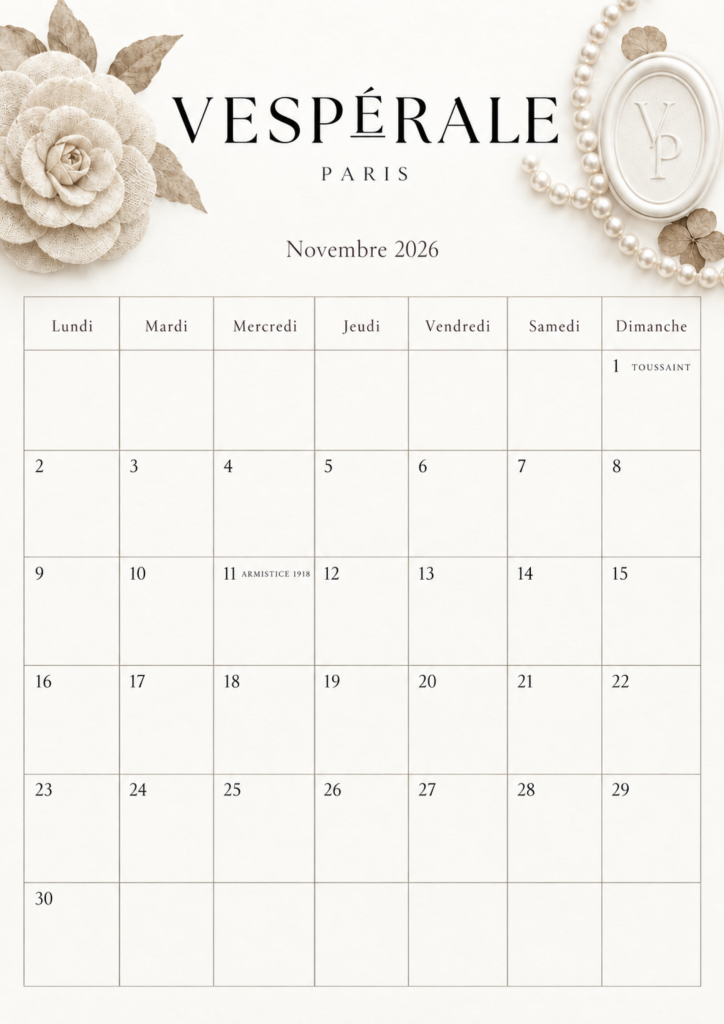 Calendrier de novembre 2026 à imprimer gratuitement