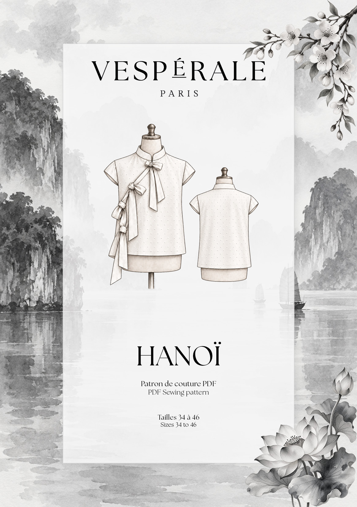 Patron de couture PDF HANOÏ – blouse à col Mao Vespérale Paris